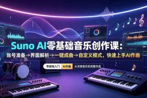（19264期）Suno AI零基础音乐创作课：账号准备→界面解析→一键成曲→自定义模式，快速上手AI作曲